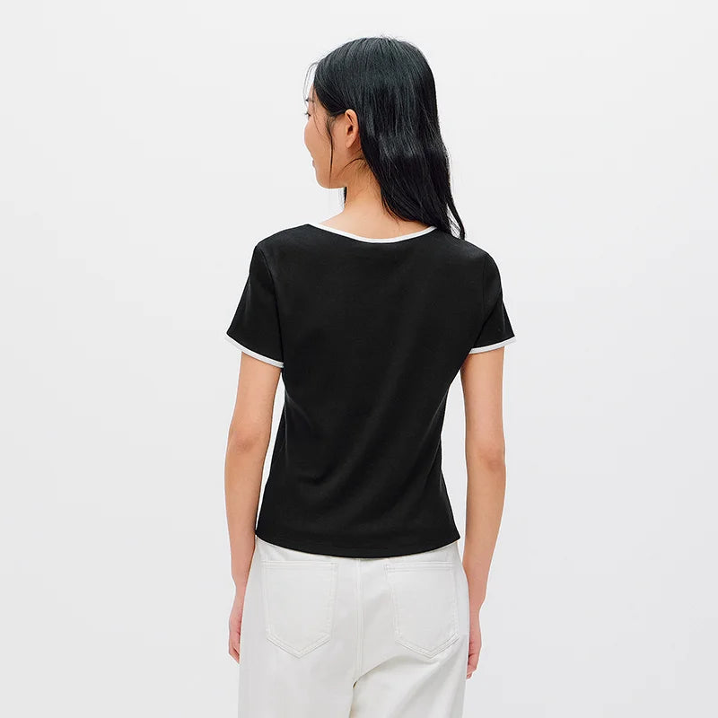 Semir Women Tshirt Cool Feeling Contrast U Neck Straight Shoulder Slim Embroidery Summer 2026 Casual Fashion Top