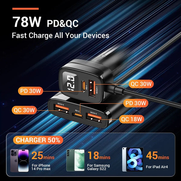 ឆ្នាំងសាករថយន្ត 5 ក្នុង 1 78W PD 3.0 QC 3.0 SCP សាកលឿន USB Type C ឆ្នាំងសាករថយន្តលឿនសម្រាប់ iPhone 13 14 Pro Samsung Huawei
