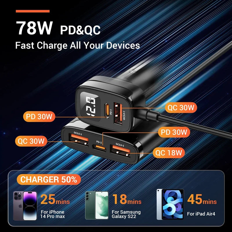 ឆ្នាំងសាករថយន្ត 5 ក្នុង 1 78W PD 3.0 QC 3.0 SCP សាកលឿន USB Type C ឆ្នាំងសាករថយន្តលឿនសម្រាប់ iPhone 13 14 Pro Samsung Huawei