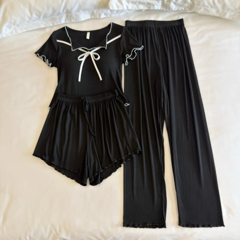 Casual 3 Piece Chest Pad Homewear Women's Summer Pajamas Short Sleeve Sleepwear Loungewear Set Solid Color Home Suit Pijama