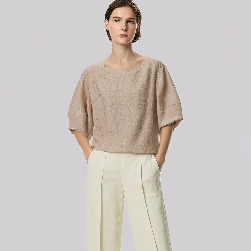 Amii Women's Blouse 2026 Summer New Round Neck Linen Blend Lantern Sleeve Top French Style Loose Casual Shirt For Women 12612036
