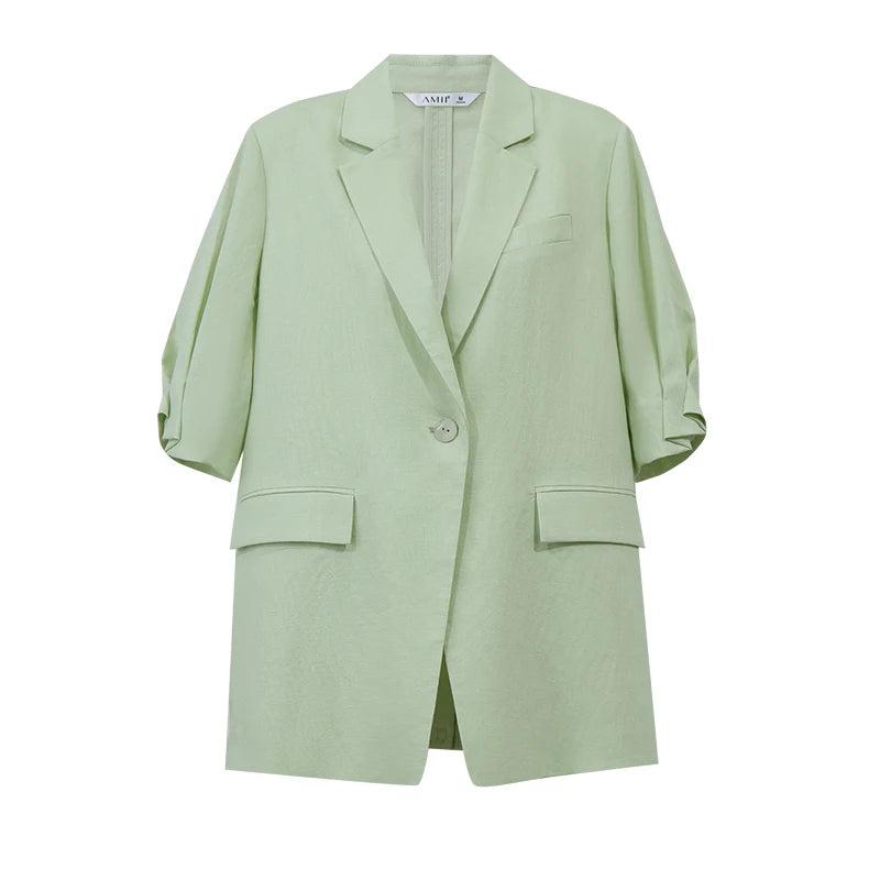 Amii Women's Blazer 2026 Summer New Notch Lapel Linen Blend Pleated Half Sleeve Jacket Casual Office Midi Length Coat 12642184