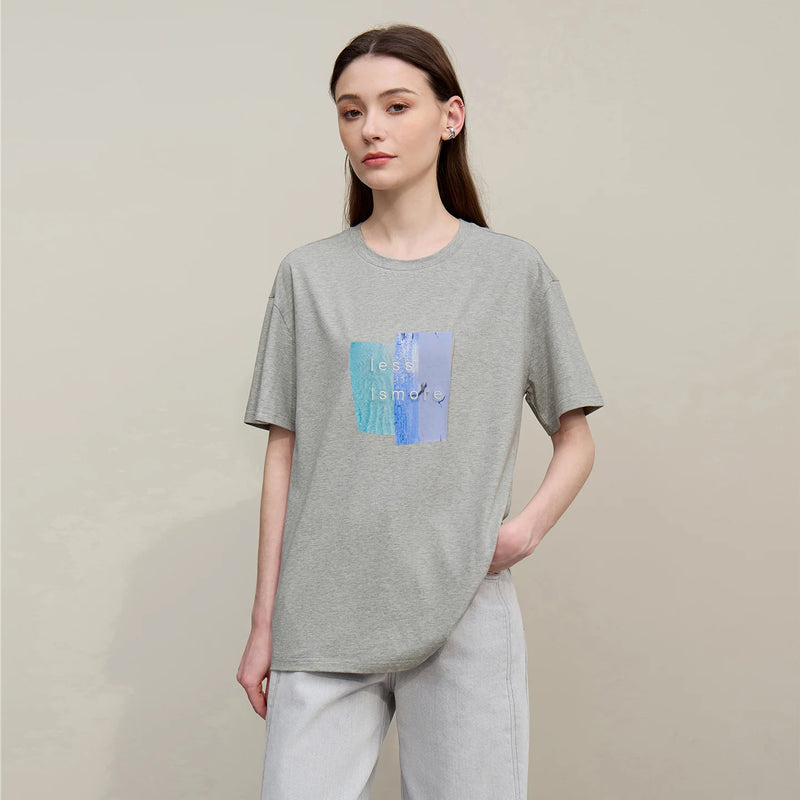 Amii Women's Tee Shirt 2026 Summer New O-Neck Printed Embroidered Cotton T-shirt Drop Shoulder Short Sleeve Elastic Top 12642009