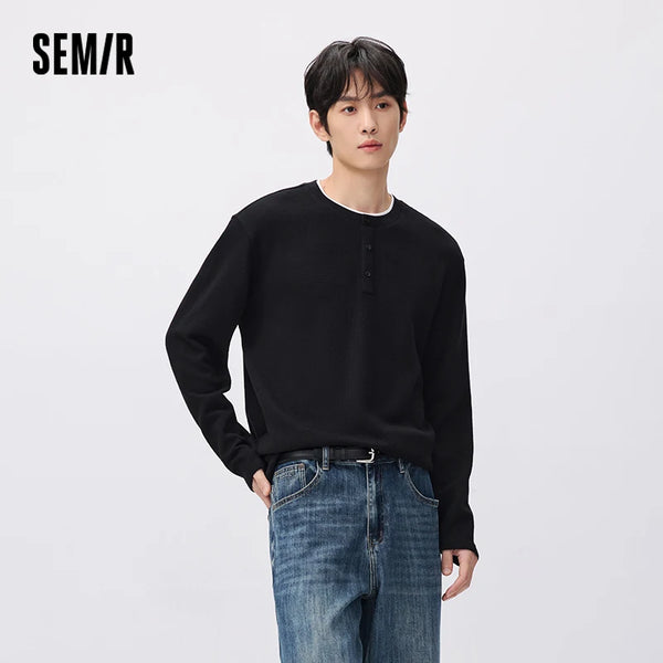 អាវយឺតប៉ាក់ Semir បុរស Waffle ប៉ាក់ជាស្រទាប់ៗ រូបរាងពាក់កណ្តាល Placket ឆ្នាំ 2026 សម្លៀកបំពាក់ប្រចាំថ្ងៃរដូវរងាថ្មី រចនាប័ទ្មទីក្រុង ធម្មតា អាកាសធាតុត្រជាក់ ស្រទាប់ៗ