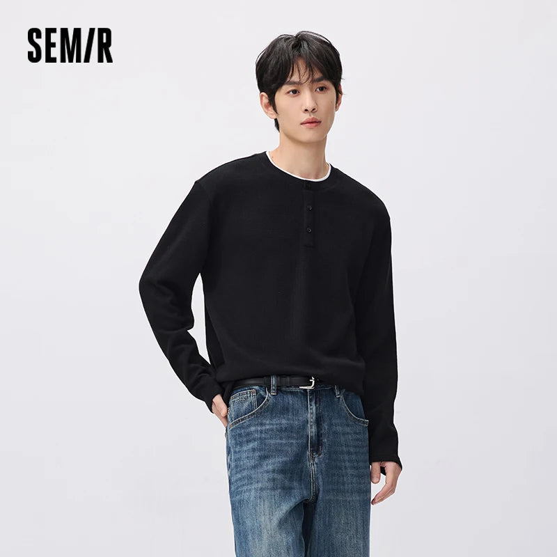 អាវយឺតប៉ាក់ Semir បុរស Waffle ប៉ាក់ជាស្រទាប់ៗ រូបរាងពាក់កណ្តាល Placket ឆ្នាំ 2026 សម្លៀកបំពាក់ប្រចាំថ្ងៃរដូវរងាថ្មី រចនាប័ទ្មទីក្រុង ធម្មតា អាកាសធាតុត្រជាក់ ស្រទាប់ៗ