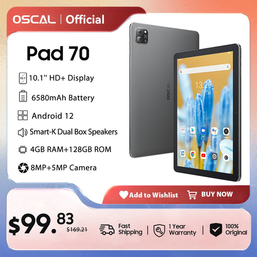 Oscal Pad 70 Tablet 4GB 128GB 6580mAh Battery 10.1'' HD+ Display Dual Box Speaker Wifi Android 12 Tablets PC