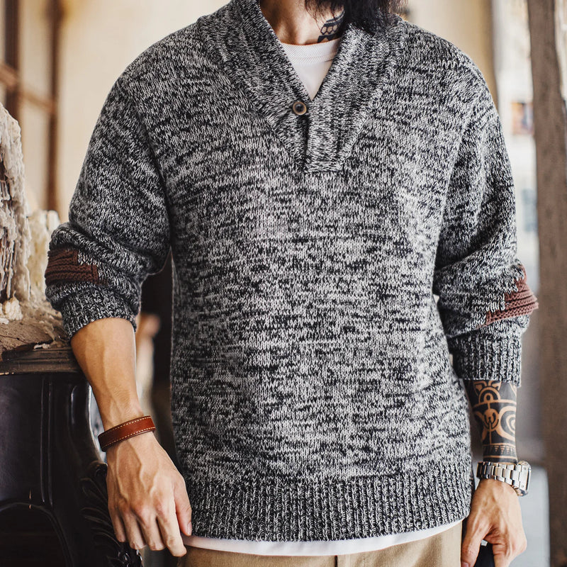 Maden Men's Vintage Shawl Collar Sweater Grey Quiet Luxury Knit Pullover Warm Base Layer for Autumn and Winter 100% Cotton Tops