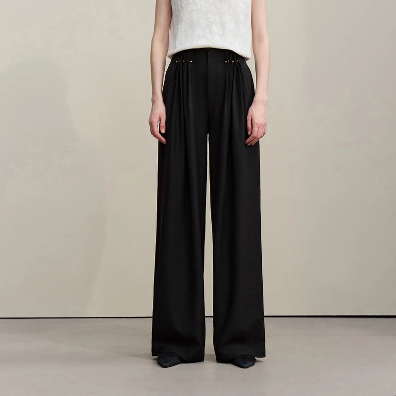 Amii Women's Wide Leg Pants 2026 Summer New Beaded Pleated Loose Trousers Casual Pants For Women With Metal Pin Detail 12652007