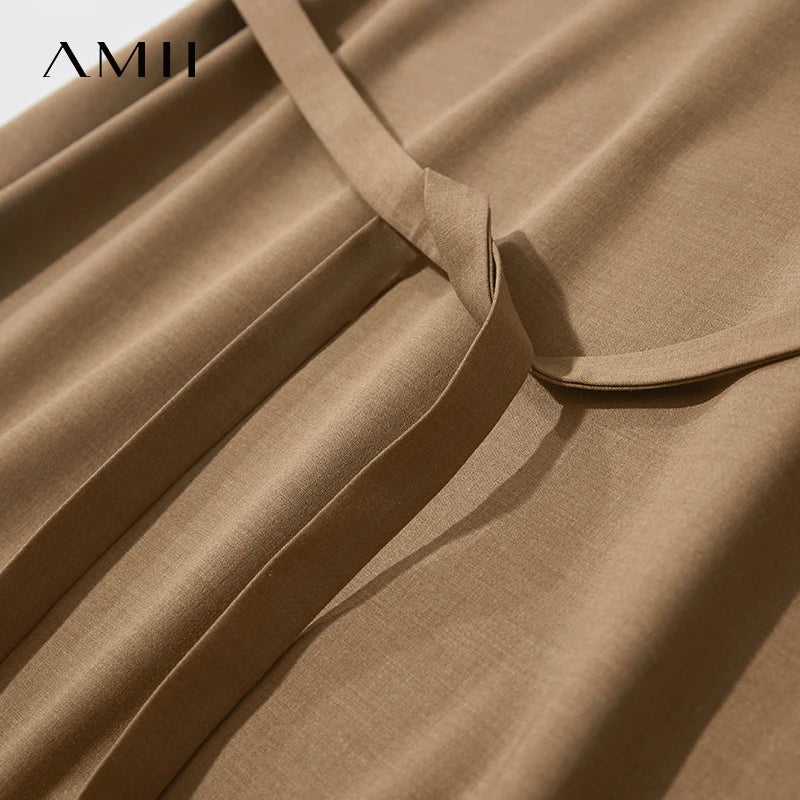 រ៉ូប Amii Minimalist Casual Womens Summer 2025 New Office Lady A Line V-neck Solid Color Dress for Women Elegant 12542161
