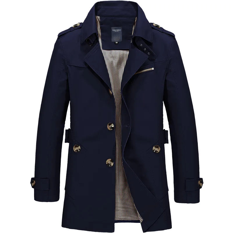 2026 New Men's Khaki Long-Sleeve Jacket, Green Single-Breasted Lapel Coat, Black or Blue Overcoat Available.