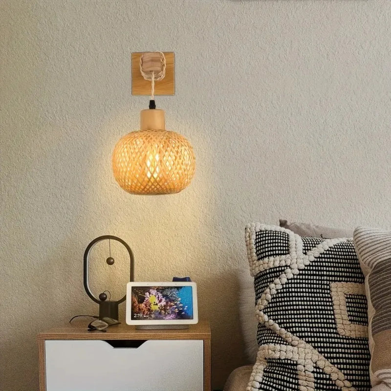 Plug-In Wall Sconce, Handcrafted Bamboo Rattan Light, Rustic Farmhouse Boho Wall Lamp for Bedroom Living Room Commercial