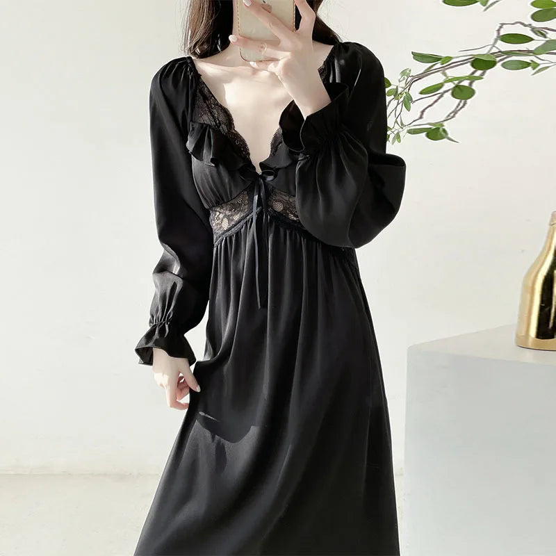 Ins Sweet Princess Nightdress Long Sleeve Spring Summer Dress Silk Satin Lace Night Wears For Women Slim Sleepwear Nightgowns