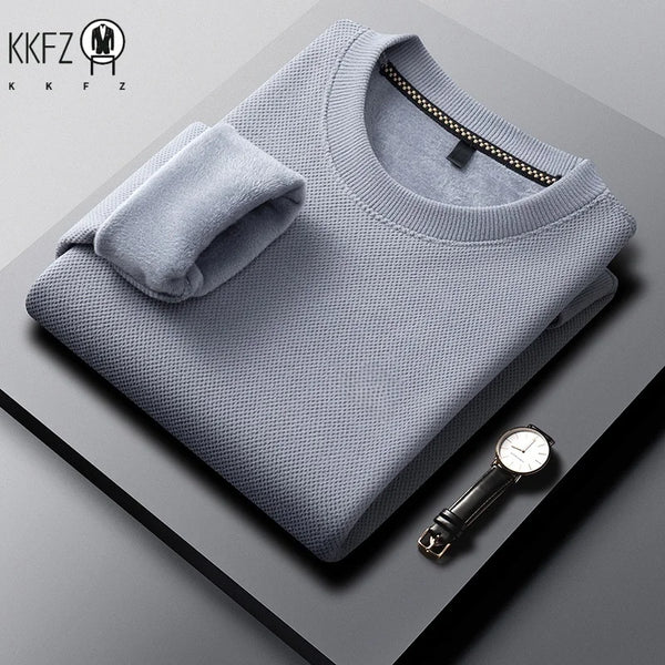 Mens Winter Long Sleeve Knit Top Waffle Texture Fleece Lined Round Collar Comfortable Business Leisure Shirt