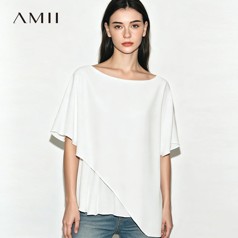 Amii Women's Chiffon Blouse 2026 Summer New O-Neck Asymmetric Patchwork Dolman Sleeve Top Loose Fit Office Casual Shirt 12622212