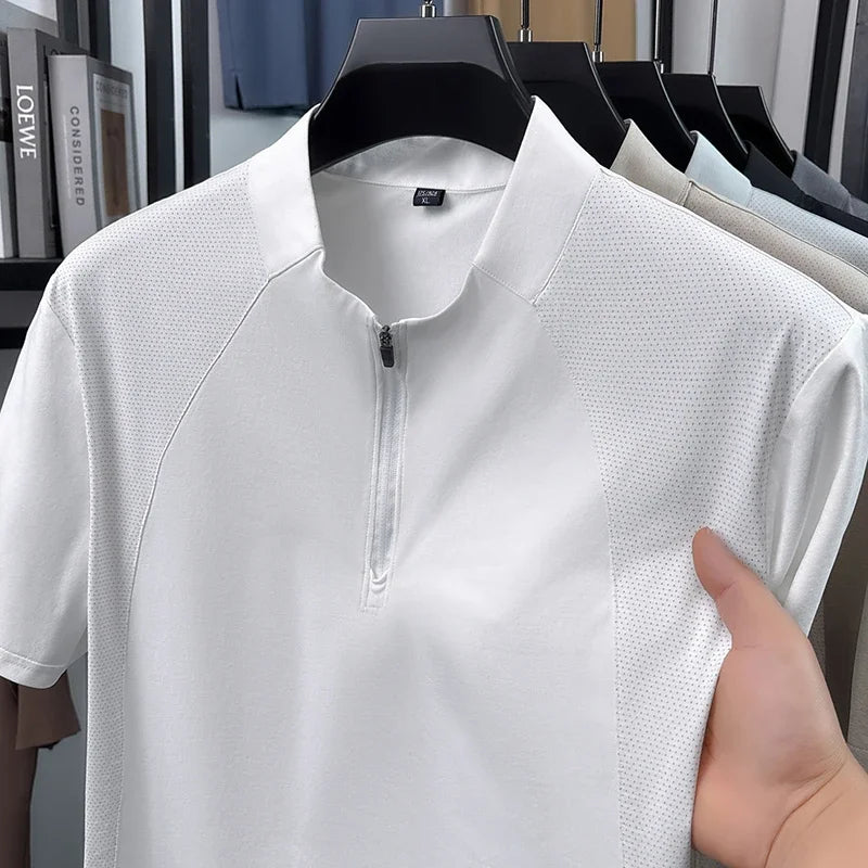 Mens Comfortable Quarter Zip Polo Shirt Short Sleeve Stand Collar Soft Touch Daily Wear Top