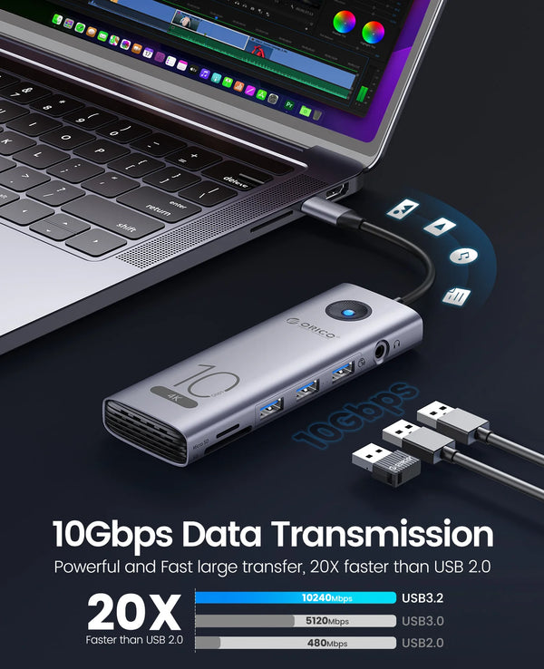 ORICO 10Gbps Type C Docking Station 4K60Hz HDMI-compatible USB3.0 2.0 HUB RJ45 PD100W Adapter Card Reader for Laptop Accessories