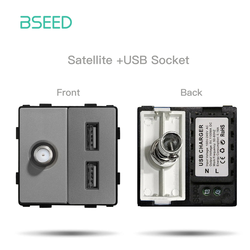 BSEED Wall Switch Panel Part Dual USB Socket TV Internet RJ45 Satellite Function Parts EU Socket DIY Part Only Free Combination