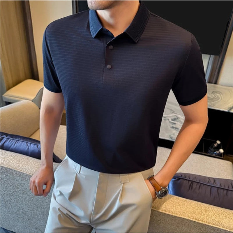 Men Summer Short Sleeve Striped Polo Shirt Slim Fit Elastic Solid Color Business Casual T-Shirt