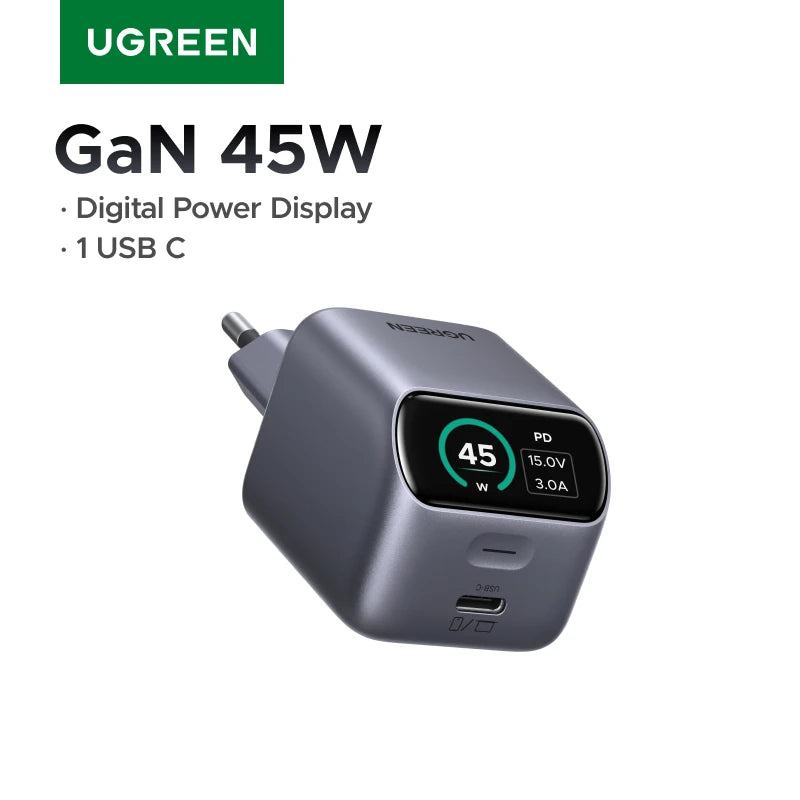 UGREEN 45W GaN Charger With Smart Display PD3.2 AVS PPS UFCS For iPhone 18 17 Pro Max Samsung S26 Macbook iPad Air Xiaomi Tablet