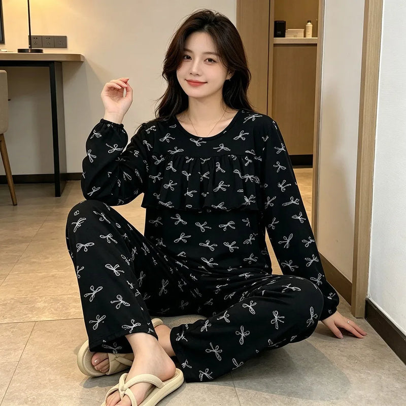 Floral Women's Sleepwear Sets Woman 2 Piece Home Wear Spring Autumn Long Sleeve Pyjama Femme Loungewear Ladies Homewear Pijama