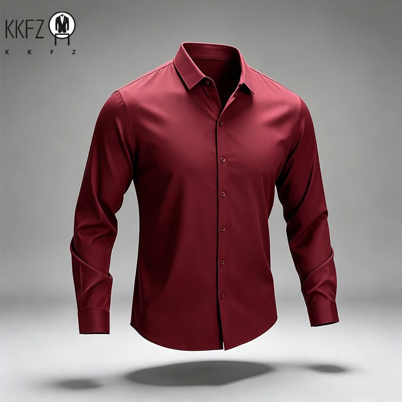 Mens Slim Fit Collared Long Sleeve Shirt Full Button Front Elastic Texture All Match Workplace Leisure Outer Garment