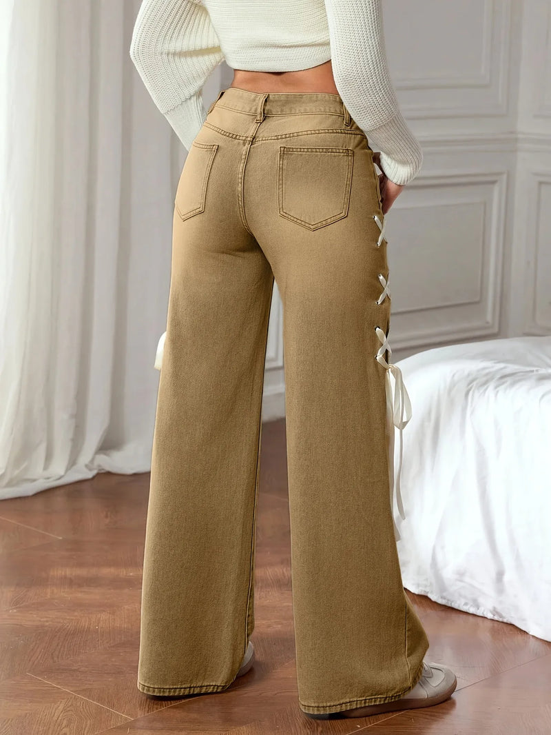 Light Blue Women's Jeans with X-shaped Drawstrings on Both Sides—stylish, Casual Wide-leg Pants.