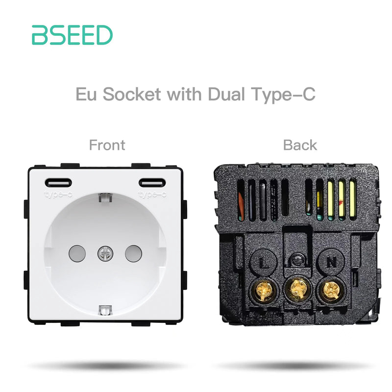 BSEED EU Standard Wall Power Socket USB Outlet Without Glass Panel DIY Function Parts Type-C Charge Port Part 110-250V 16A