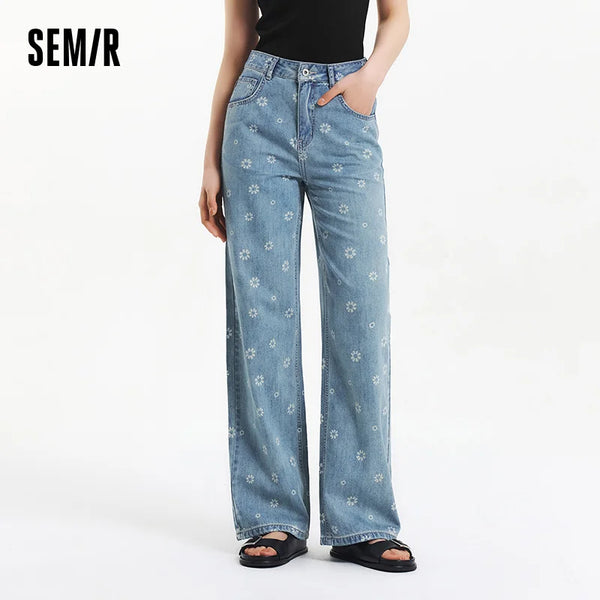 Semir All Over Print Denim Pants Women Sweet Niche 2025 Summer New Cotton Wide Leg Trousers