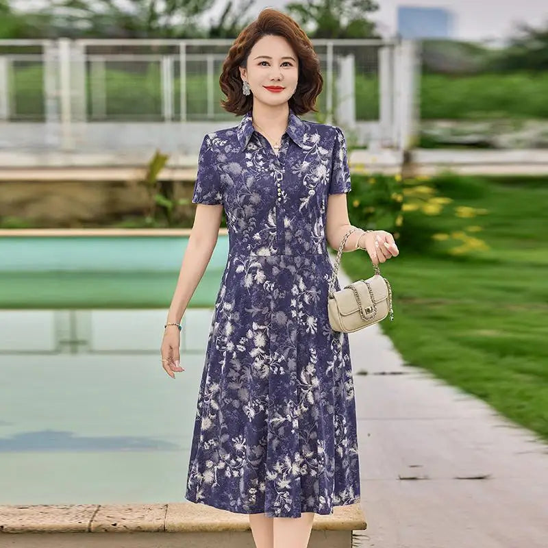 សម្លៀកបំពាក់រដូវក្តៅសម្រាប់ស្ត្រី រ៉ូបខ្លីដៃអាវខ្លីបែប Vintage បោះពុម្ព