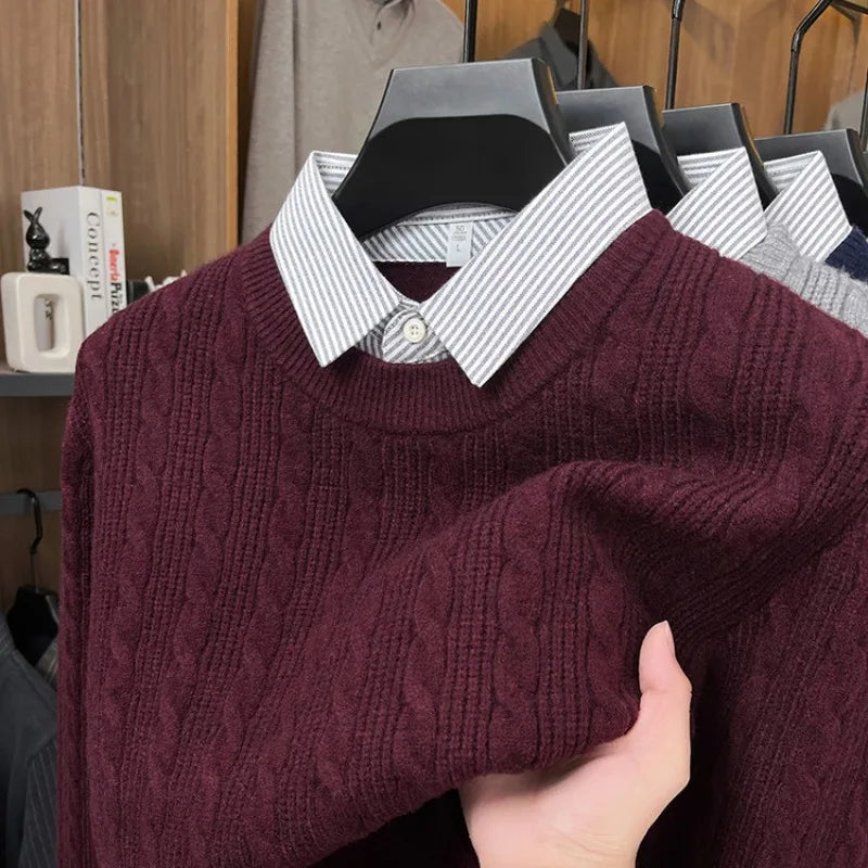 Men's Cable Knit Sweater, Faux Two-Layer Shirt Collar, 550g Wool Blend, 7 Colors Business Casual Knitted Pullover Sweater