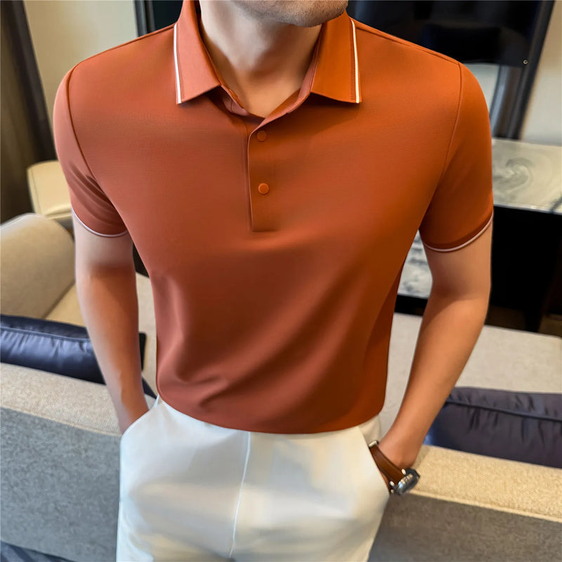 Men’s Slim Fit Polo Shirt with Contrast Collar Wrinkle-Free, Odor-Resistant Business Casual Top Sun-Friendly Fabric