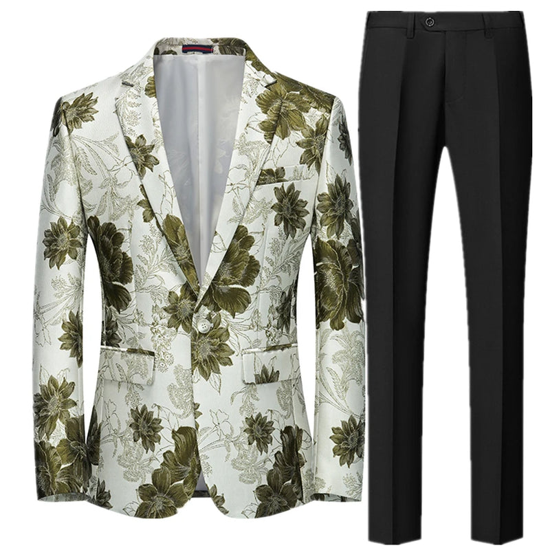 2026 Men's Two-Piece Set, Wedding Party Jacket and Trousers in Black with Red Flowers Jacquard Fabric Slim Fit Men Coat & Pants.
