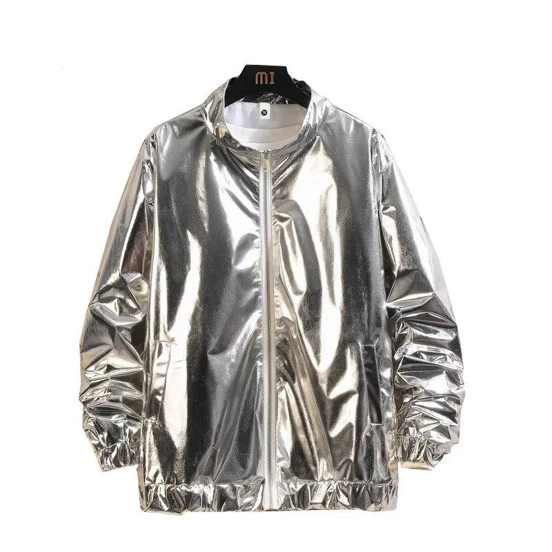 Gold Mens Pants, Elastic Waist Casual Trousers, Silver Fashion Loose Straight Leg Pant, Great for Dance Performances