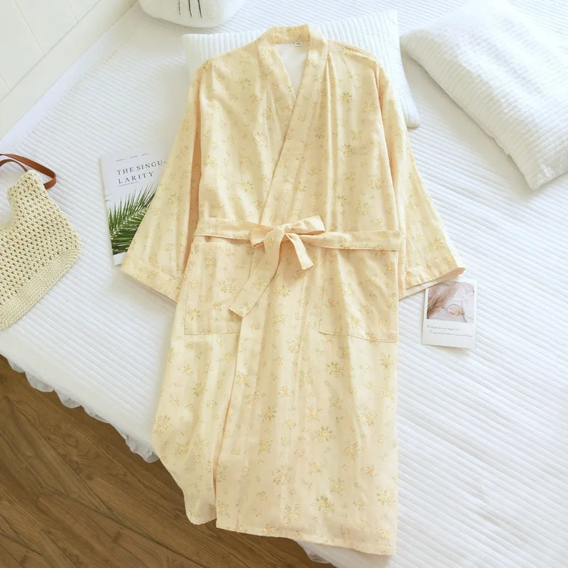 Floral Women's Sleep Robes Sleepwear Women Spring Autumn 100% Cotton Long Sleeve V Neck With Belt Bathrobe Female Loose Robe