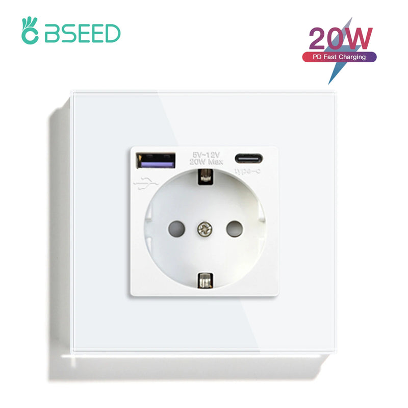 BSEED EU Standard Wall Power Sockets Type-C Interface Outlet USB Fast Charge Port 20W Glass Panel Kids Protection 16A