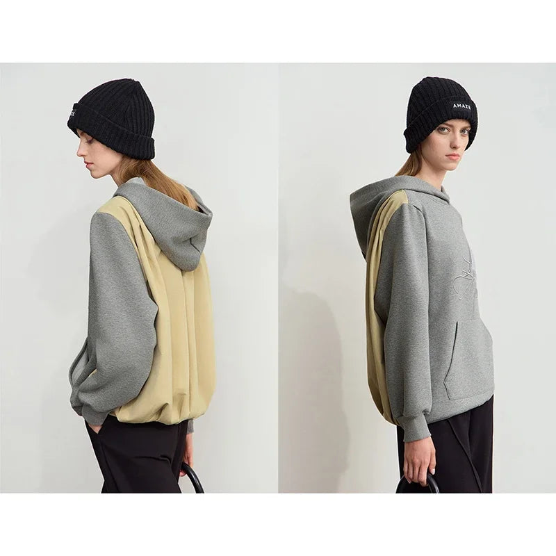 Amii 2026 Winter Clothes Women Long-sleeved Color Matching Embroidery Pocket Fleece Hooded Sweater Loose Casual Tops 12444202