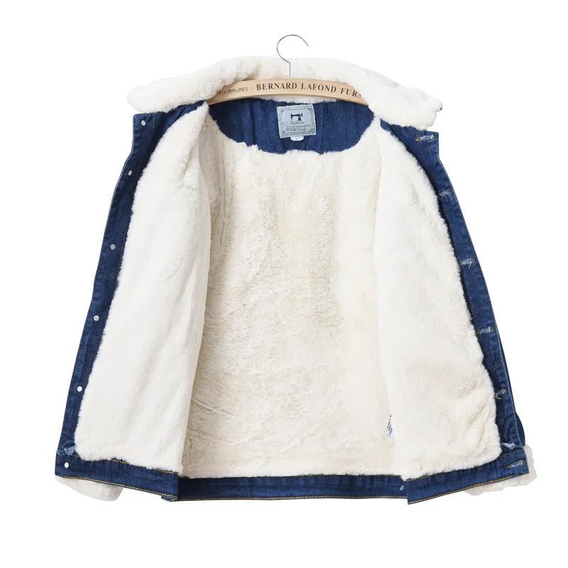 2026 Winter Deep Blue Women's Fleece-Lined Thickened Denim Jacket, Shearling-Lined Warm Casual Jacket. European Sizes S-XXXL