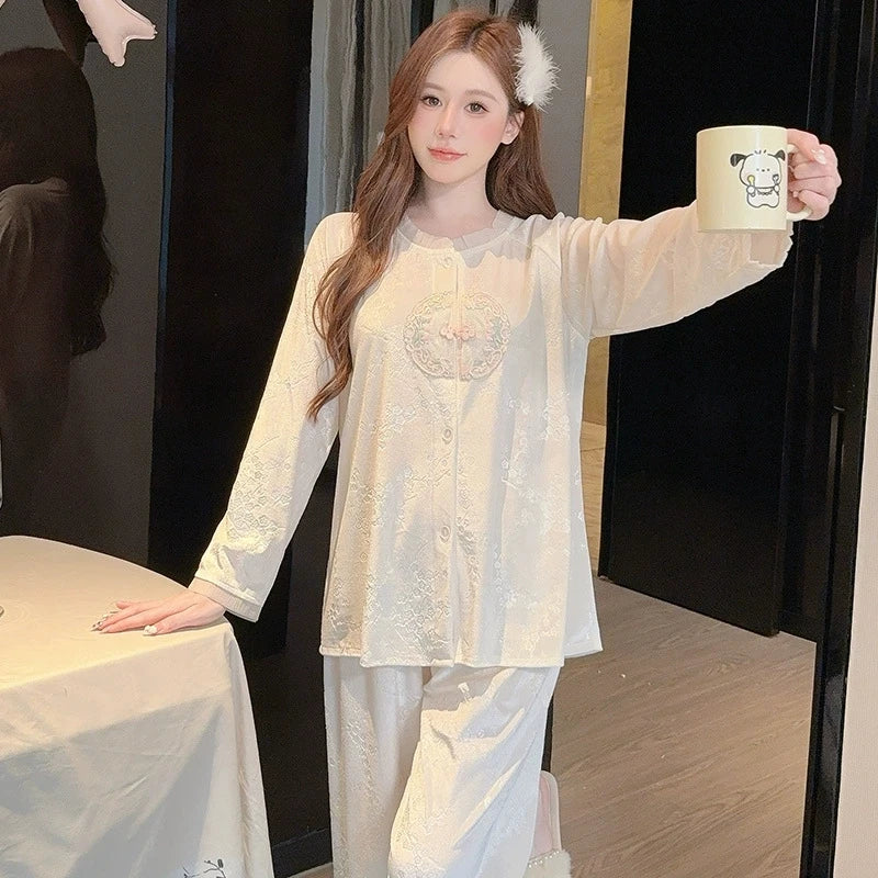 High-end Gold Silk Velvet Sleepwear For Women Spring Autumn Home Clothes Long Sleeves Outdoor Wear Suit For Winter Pajamas Set
