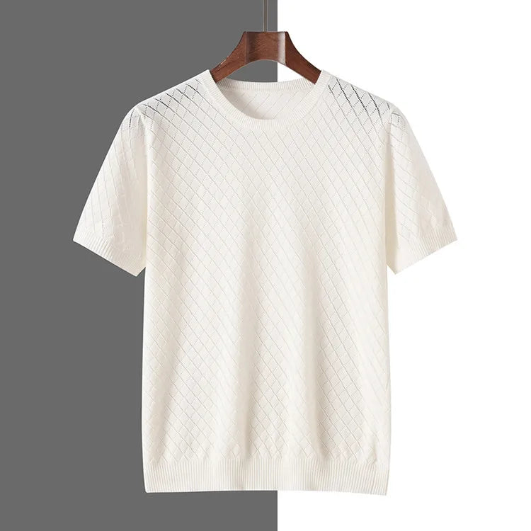 Men's 100% Cotton Short Sleeve T-Shirt with Diamond Knit Texture – Breathable Crew Neck Casual Top