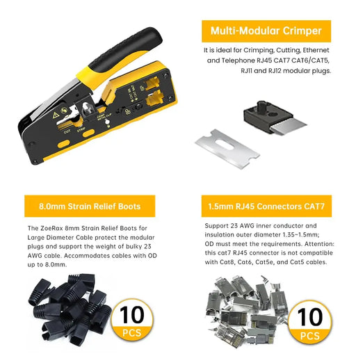 ZoeRax Pass Through RJ45 Crimp Tool with 10PCS Cat7 Connectors and Strain Relief Boots, Ethernet Wire Cutter Crimper