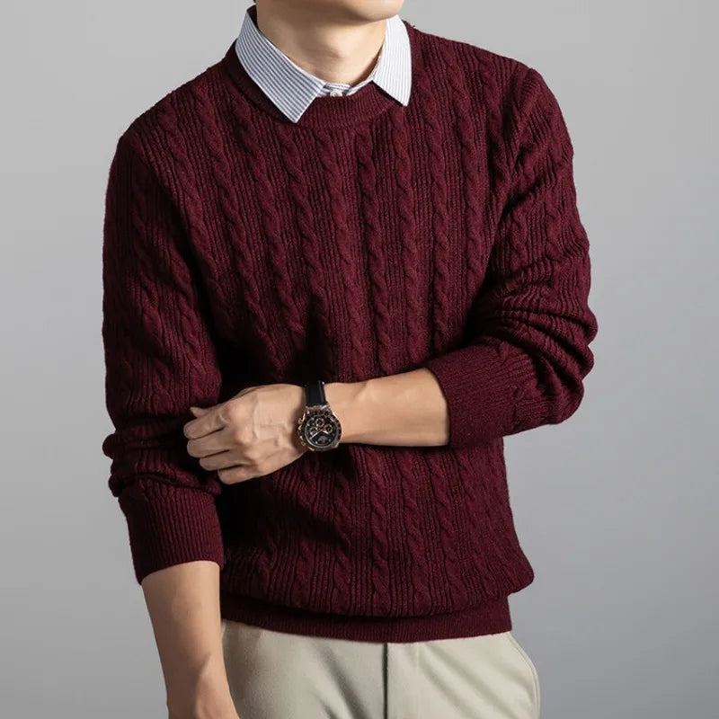 Men's Cable Knit Sweater, Faux Two-Layer Shirt Collar, 550g Wool Blend, 7 Colors Business Casual Knitted Pullover Sweater