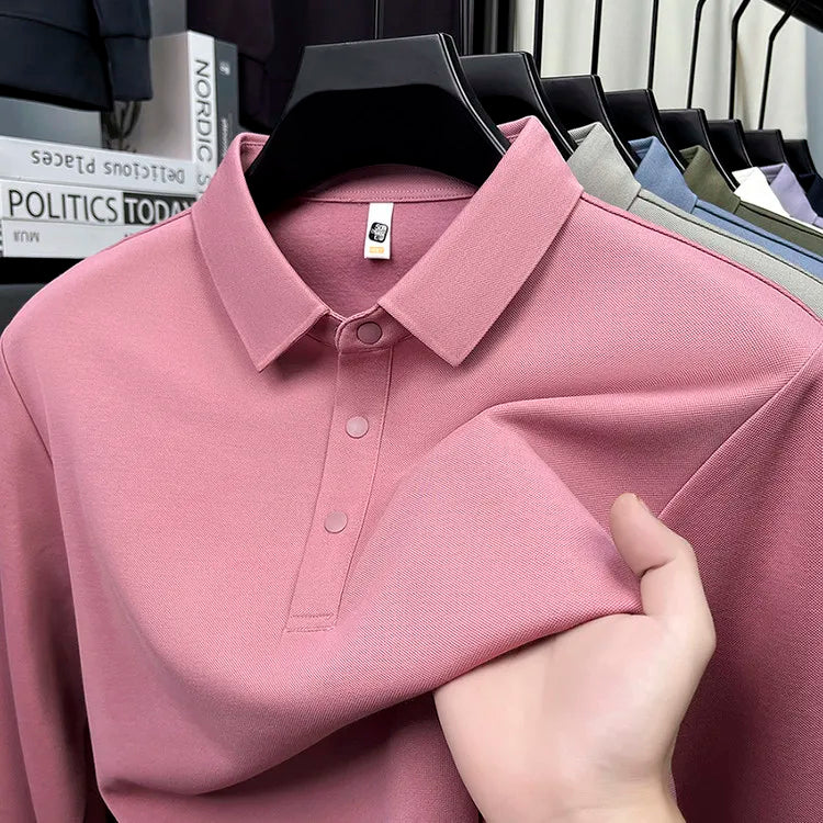 Men's Wool Blend Long Sleeve Polo - Light Blue (White/Black/Olive Green) Wool & Mulberry Silk Breathable Comfort Fit