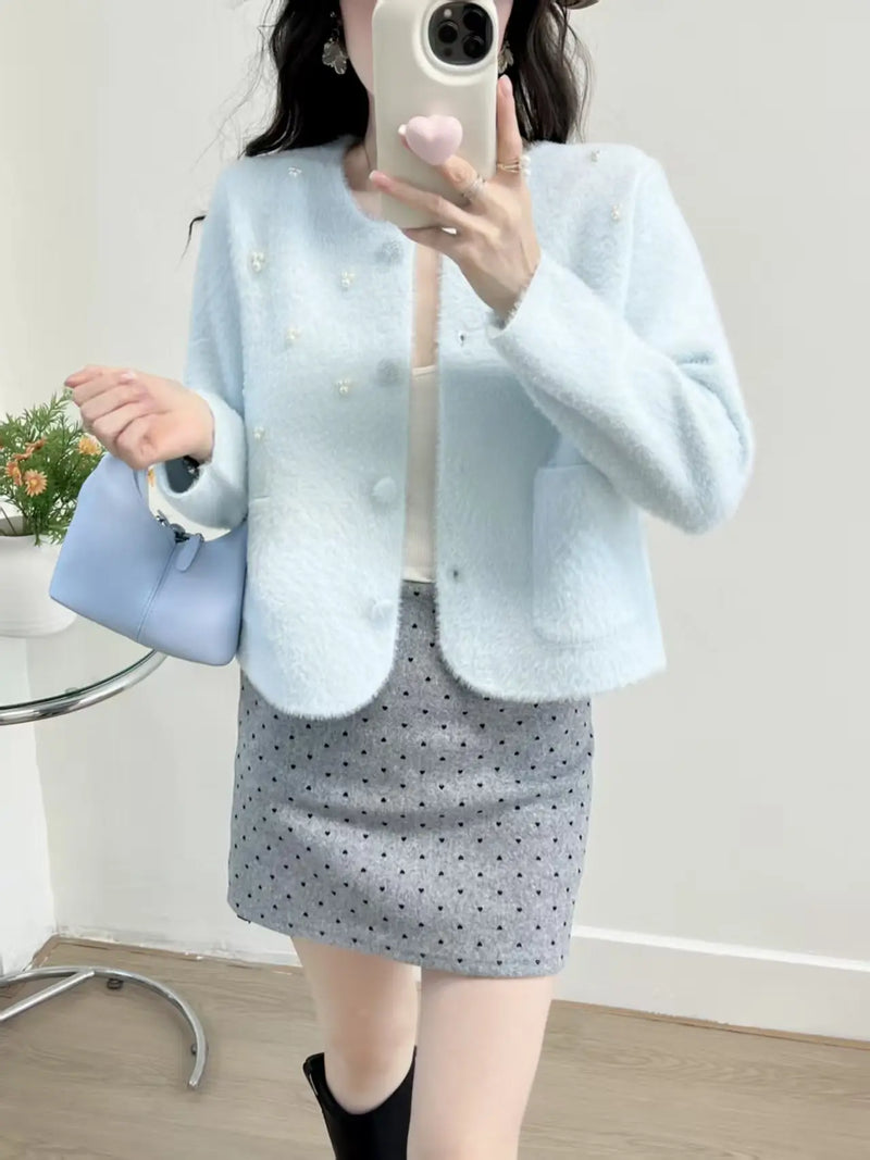 Korean Fashion Knitted Cardigan Jacket Women's Autumn Winter Top New Temperament Crew Neck Sweater Single Breasted Coat Female
