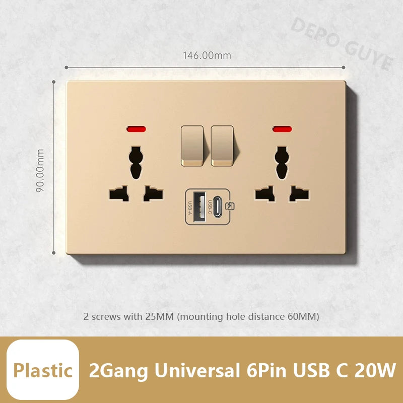 Universal 20W Type-C Wall Quick charge Socket,Dual Switch control Universal Power outlet,White UK Standard USB Interface Socket