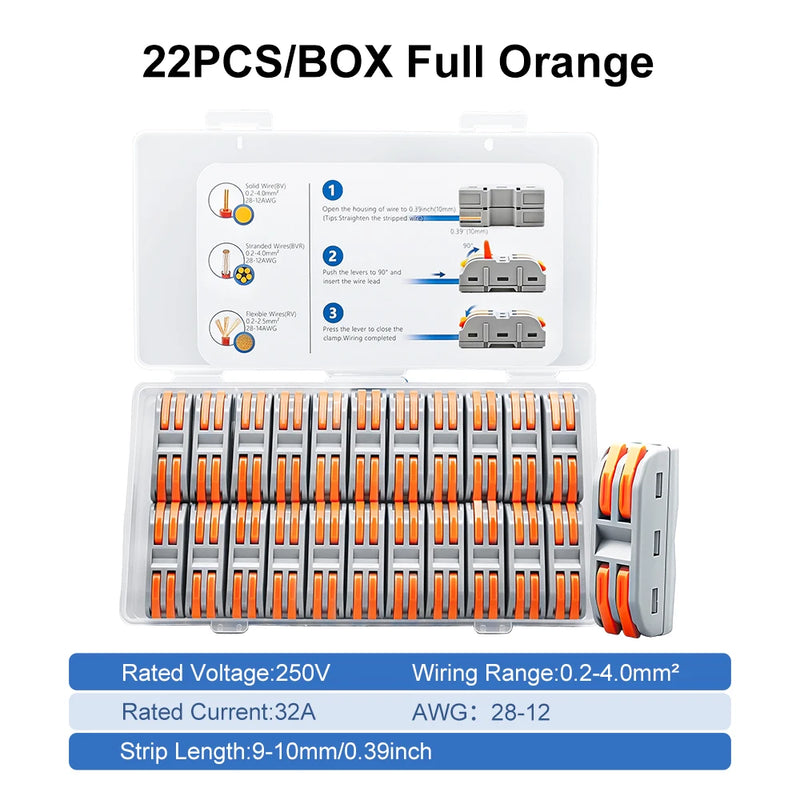 TOMZN Quick Lever Wire Connector 2IN 2OUT 22PCS For BV BVR RV 28-12AWG 250V 32A 0.2-4mm2 Soild/Stranded/Flexible Wire