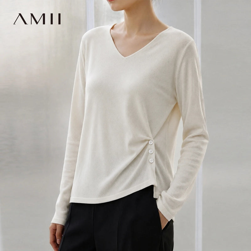 អាវយឺត Amii Elegant សម្រាប់នារី ក V រចនាបែបទាន់សម័យ មកដល់ថ្មី អាវយឺតដៃវែង ប៊ូតុង រំយោល រាងមូល 12613029