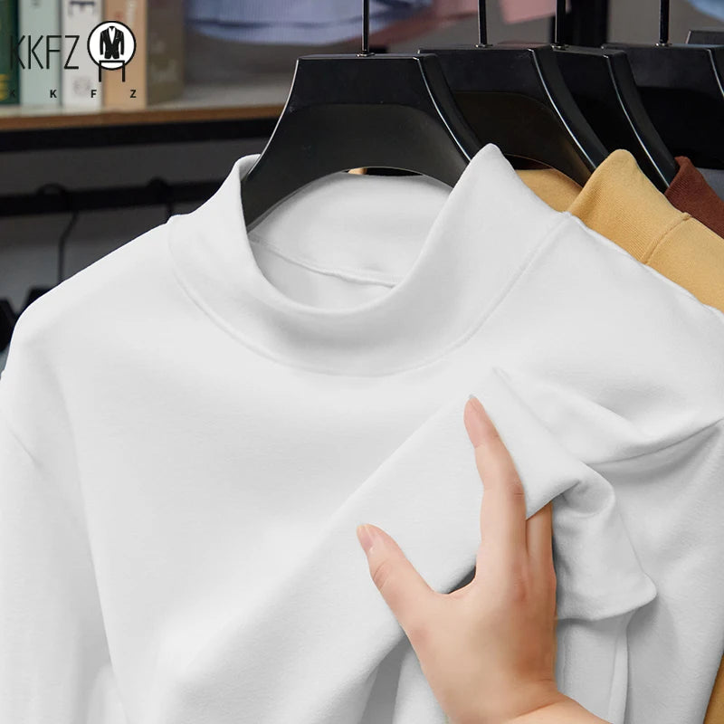 Mens Slim Mock Neck Base Shirts Light Warm Brushed Fabric Stretch Long Sleeve Tops For Daily Casual And Outer Matching