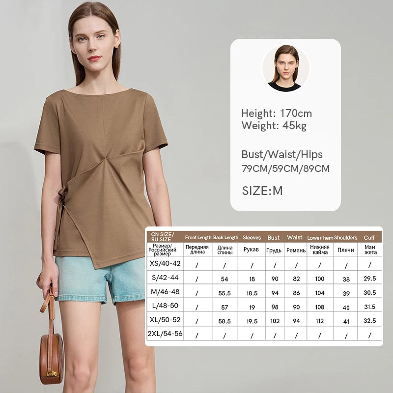 AMII Women Casual Summer T-shirt 2026 New Short Sleeve Slash Neck Tie-up Piece Pleated Cotton Tee Woman Slim Top 12552035