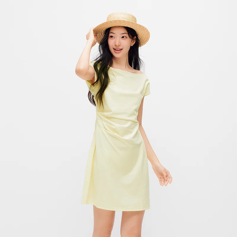 Semir Women Dress One Shoulder Oblique Neck Waist Pleated Solid Cool Feeling Mini 2026 Summer Minimalist Temperament Fashion Top