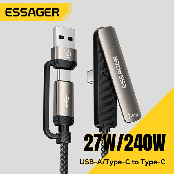 ខ្សែសាក Essager 2 ក្នុង 1 Elbow 240W USB C ជាមួយជើងទម្រទូរស័ព្ទសម្រាប់ iPhone 17 16 Pro Max iPad ខ្សែសាកប្រភេទ C សម្រាប់ Macbook Xiaomi Samsung S25
